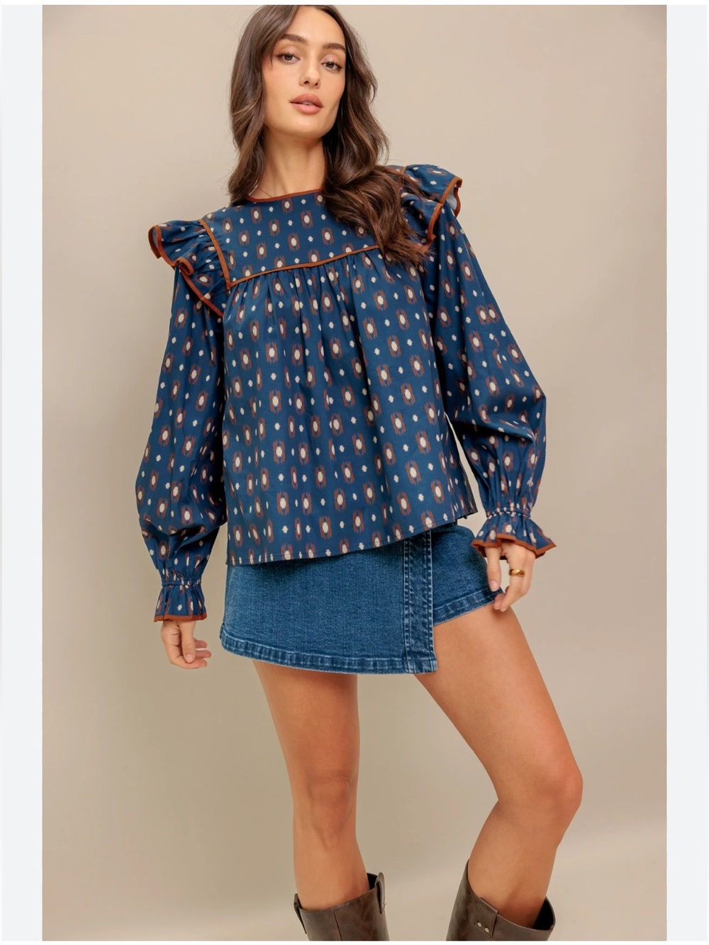 NWT Blue Printed Ruffle-Yoke Long Sleeve Top Size Small Boho Western Rodeo